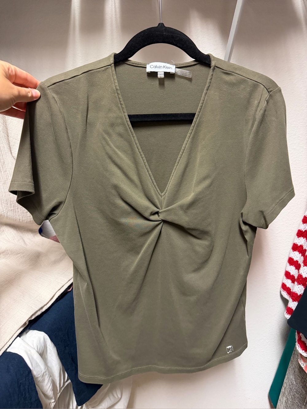 Calvin Klein Olive V-Neck Twist-Front Short Sleeve Top